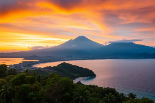 Lombok's scenic coastline with Mount Rinjani and lush landscapes at sunset, inviting travel and exploration.