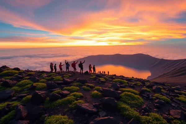 Hikers at Mount Rinjani's summit during sunrise with vibrant sky and crater lake in the background.