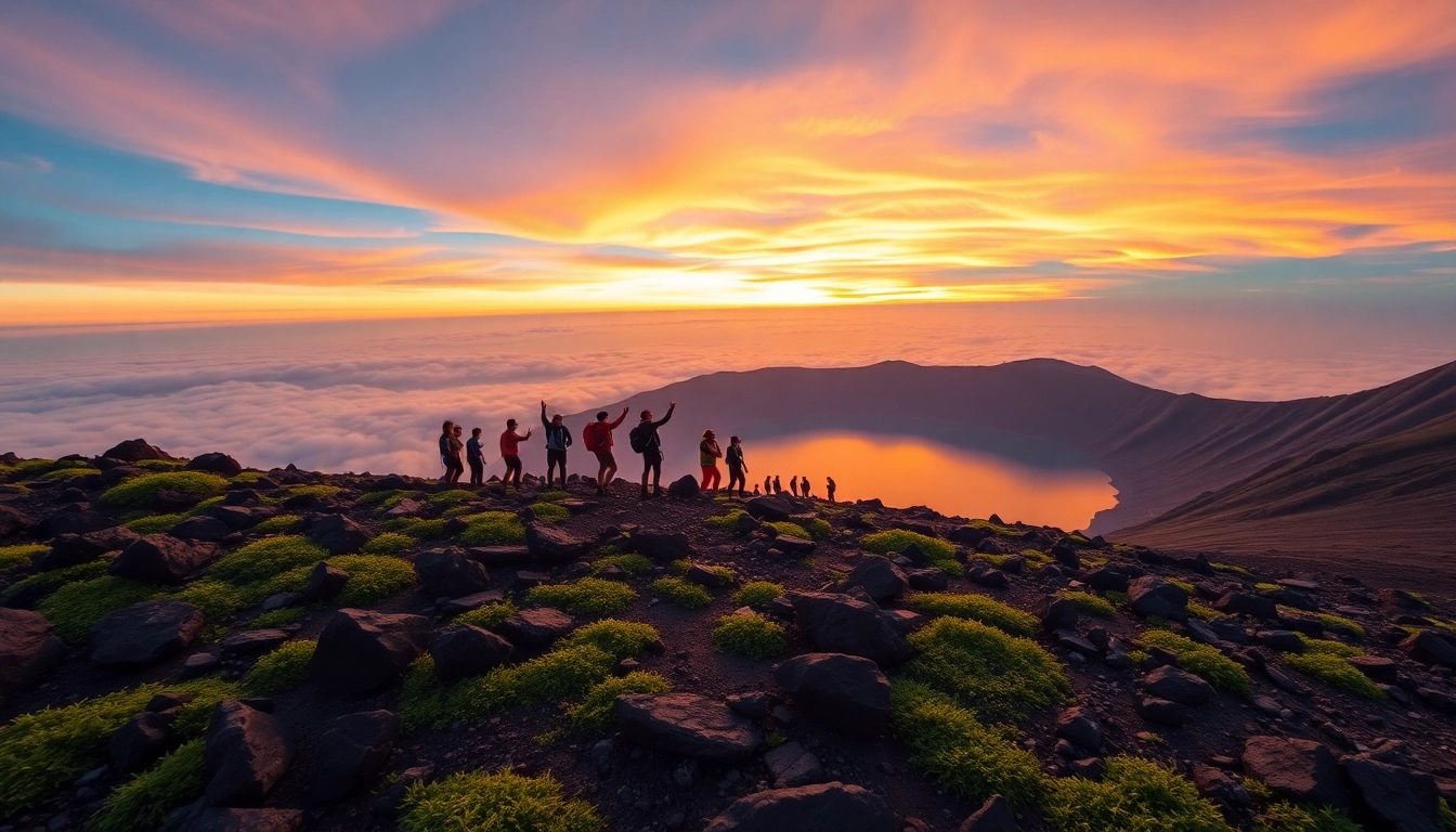 Hikers at Mount Rinjani's summit during sunrise with vibrant sky and crater lake in the background.