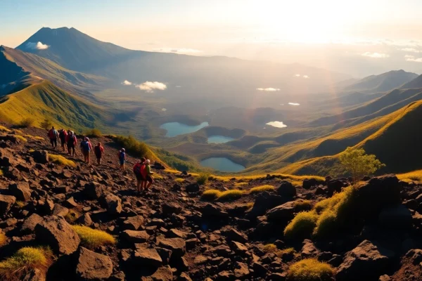 Hikers ascending Mount Rinjani at sunrise with scenic volcanic landscape