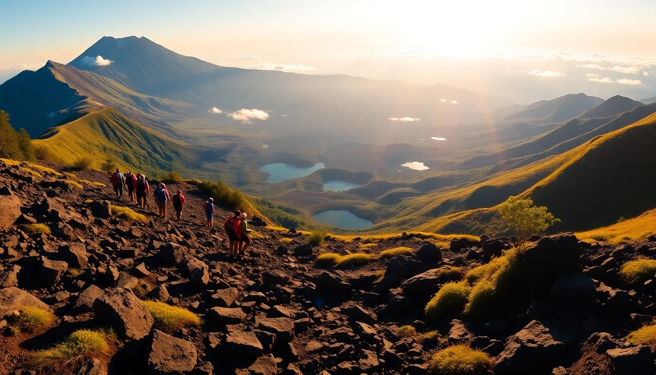 Hikers ascending Mount Rinjani at sunrise with scenic volcanic landscape