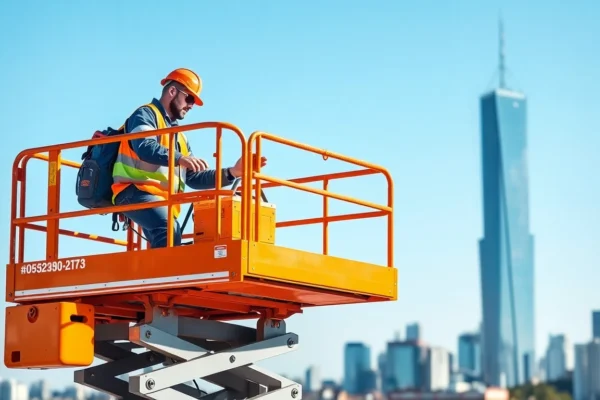 Efficient scissor lift rental platform in use on-site, showcasing safety and ease of access for construction work.