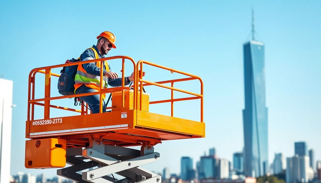 Efficient scissor lift rental platform in use on-site, showcasing safety and ease of access for construction work.
