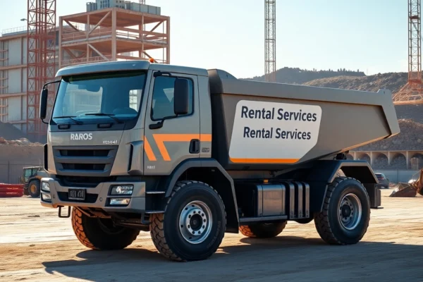 Dumper rental service with a modern dumper truck maneuvering on a construction site, showcasing reliable equipment for heavy-duty tasks.