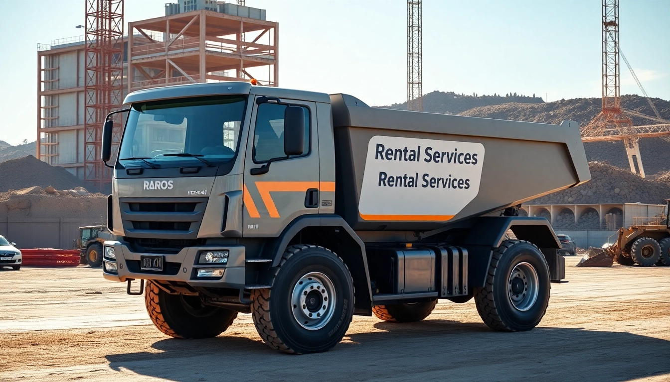 Dumper rental service with a modern dumper truck maneuvering on a construction site, showcasing reliable equipment for heavy-duty tasks.