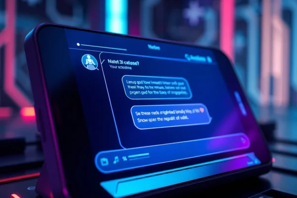 Futuristic AI chatbot interface on a sleek device screen with neon accents and mature-themed conversation.