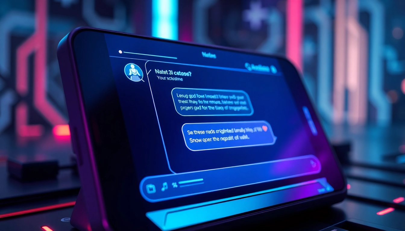 Futuristic AI chatbot interface on a sleek device screen with neon accents and mature-themed conversation.