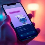 Close-up of a smartphone displaying a friendly AI character chat interface with a warm, inviting glow.