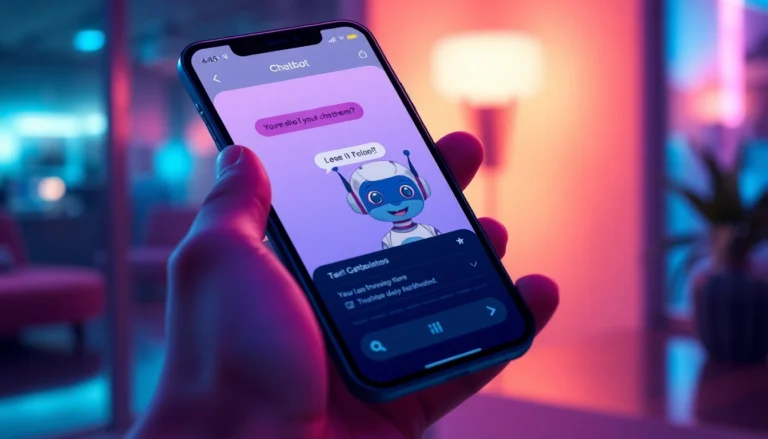 Close-up of a smartphone displaying a friendly AI character chat interface with a warm, inviting glow.