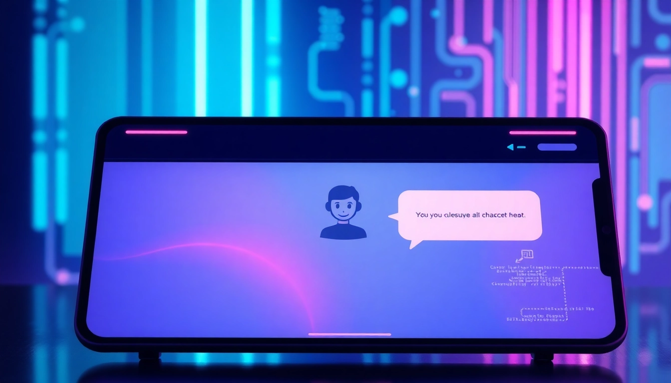Futuristic AI chat interface with customizable characters and neon accents