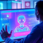 A futuristic digital interface showing a user interacting with a customizable AI character on a neon-lit screen.