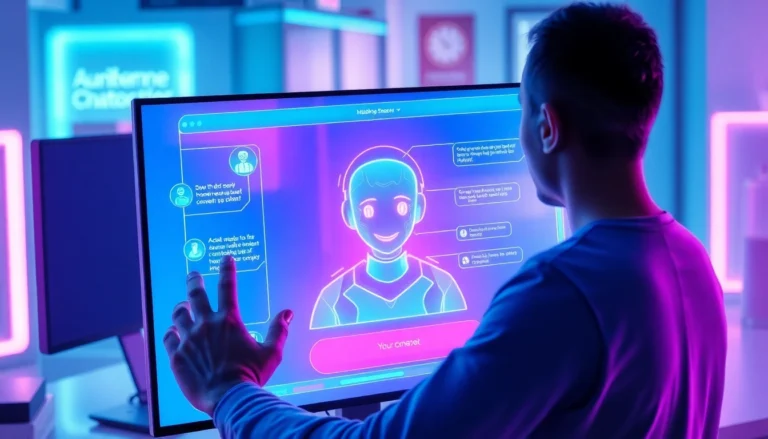 A futuristic digital interface showing a user interacting with a customizable AI character on a neon-lit screen.