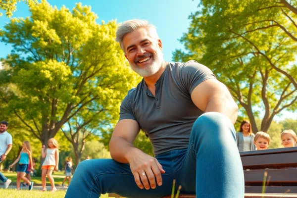 An attractive older man sitting on a park bench, smiling confidently in a sunny outdoor setting.