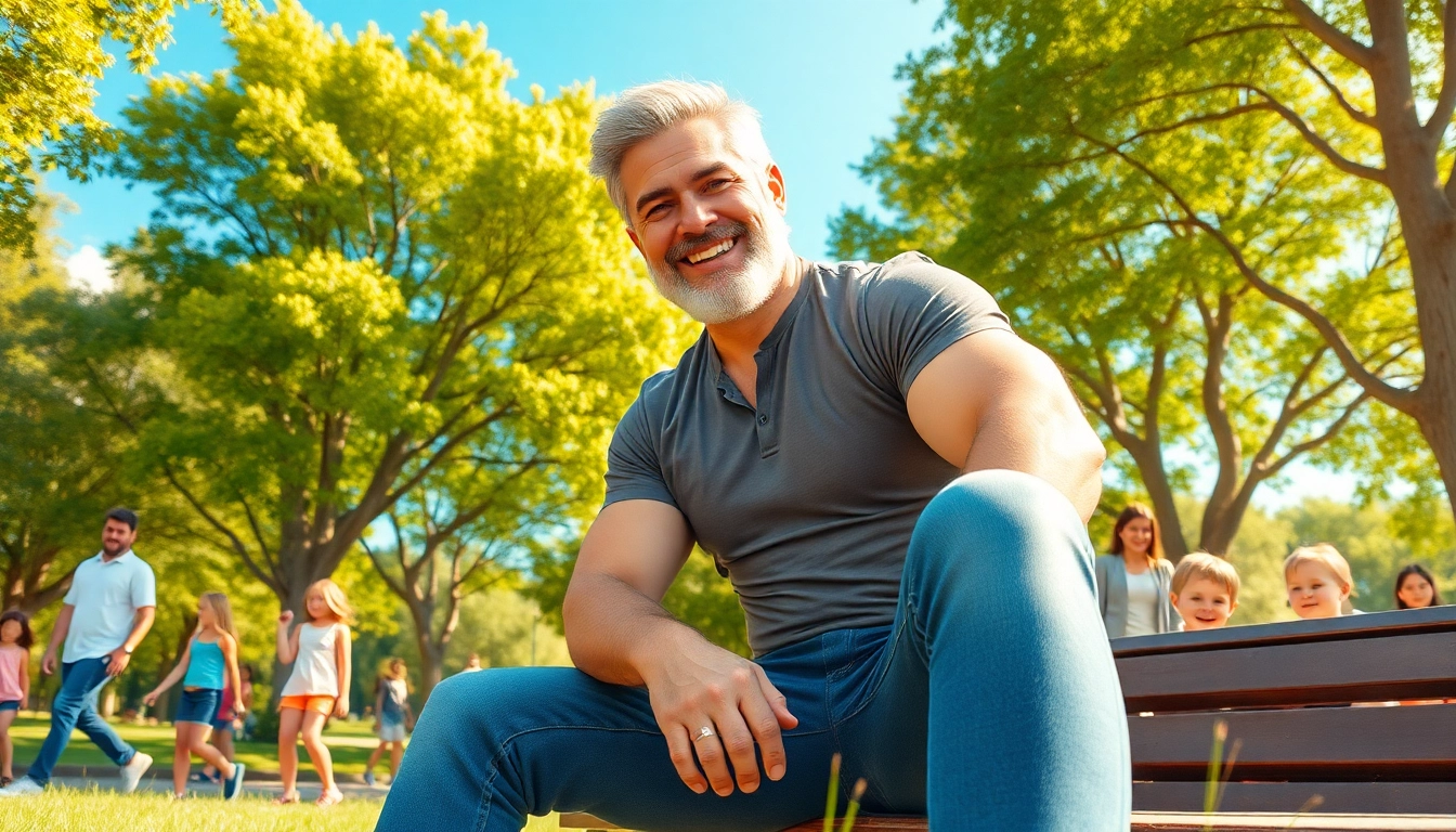 An attractive older man sitting on a park bench, smiling confidently in a sunny outdoor setting.