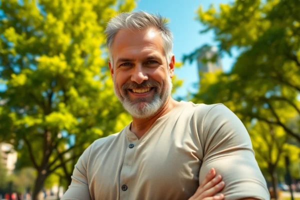 The Rise of the DILF: Exploring the Cultural and Media Portrayal of Attractive Older Men An attractive mature man with salt-and-pepper hair smiling confidently in a park setting.