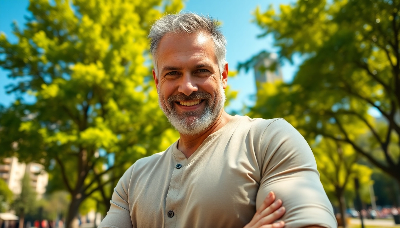 An attractive mature man with salt-and-pepper hair smiling confidently in a park setting.