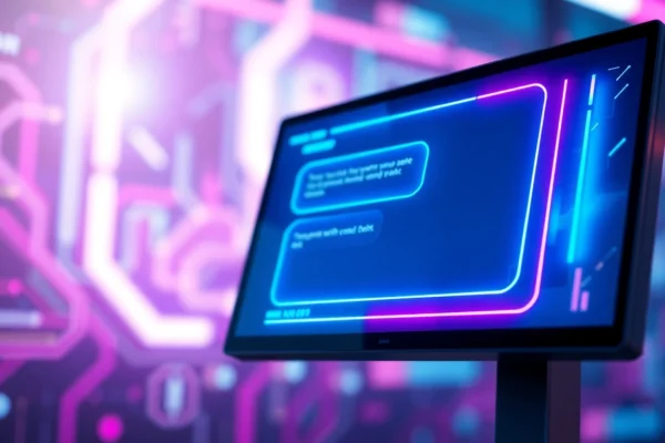Futuristic AI chatbot interface on a digital screen with neon accents and high-tech background