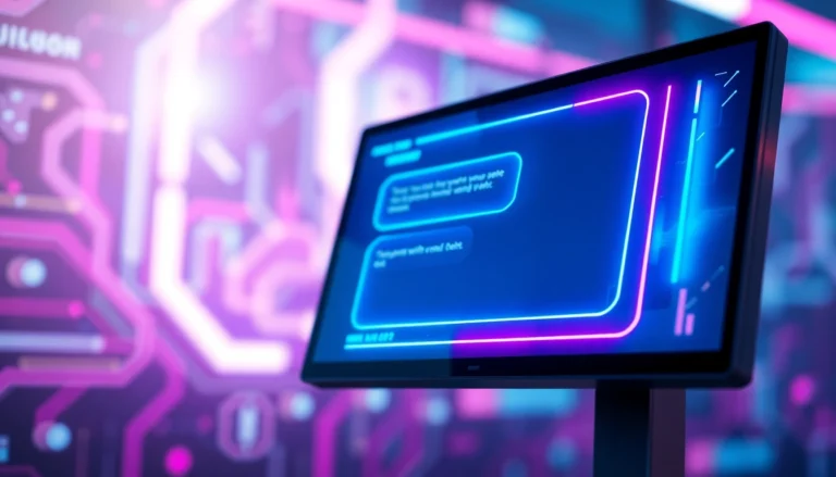 Futuristic AI chatbot interface on a digital screen with neon accents and high-tech background