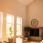 Bright living room with renewal by andersen window replacement and Fibrex frame in warm light.