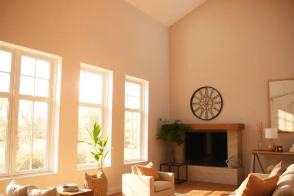 Bright living room with renewal by andersen window replacement and Fibrex frame in warm light.