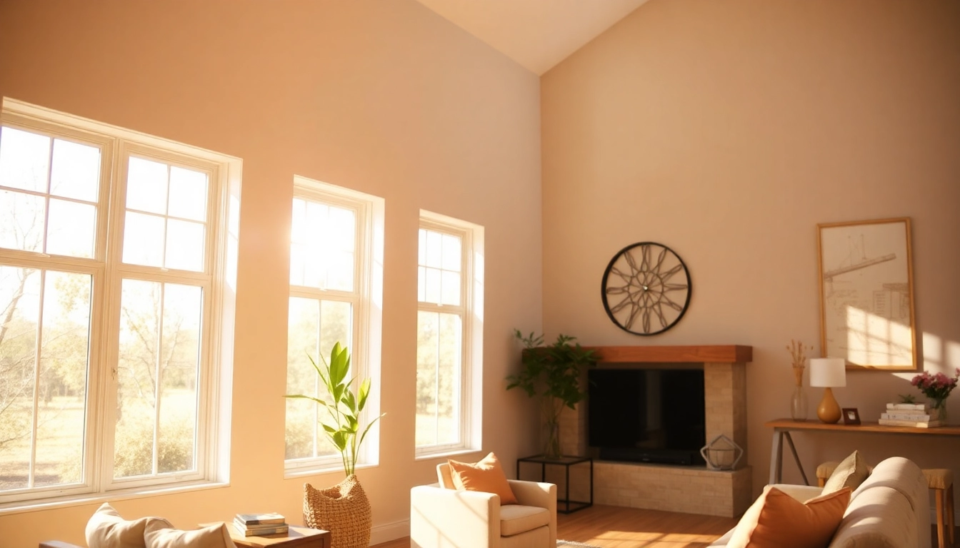 Bright living room with renewal by andersen window replacement and Fibrex frame in warm light.