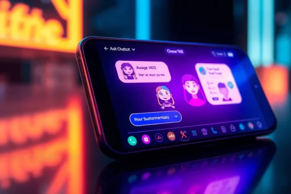 Unlocking the Future of AI Chat: Exploring CrushOn AI’s Customizable and Unrestricted Virtual Conversations A futuristic chatbot interface on a modern device with vibrant neon colors and animated AI characters.