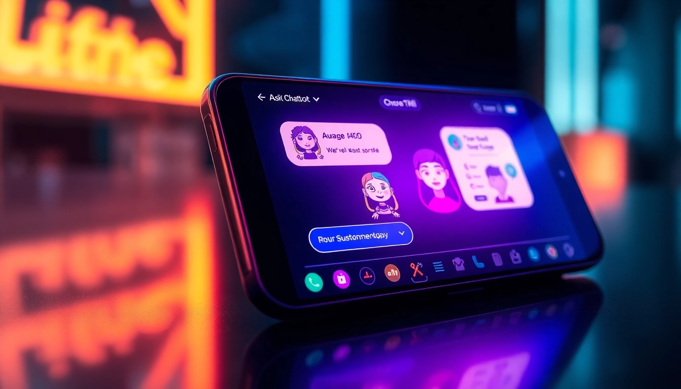 A futuristic chatbot interface on a modern device with vibrant neon colors and animated AI characters.