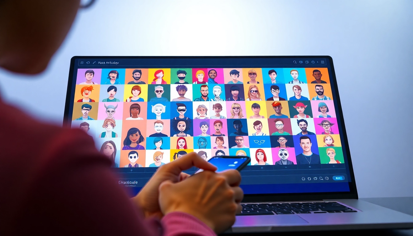 Modern digital interface displaying customizable AI characters and user interaction on a vibrant screen.
