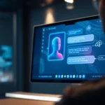 Close-up of a futuristic AI chatbot interface with glowing avatar in a high-tech environment.