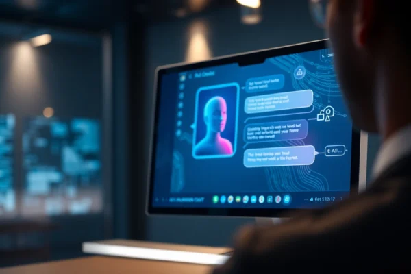 Close-up of a futuristic AI chatbot interface with glowing avatar in a high-tech environment.