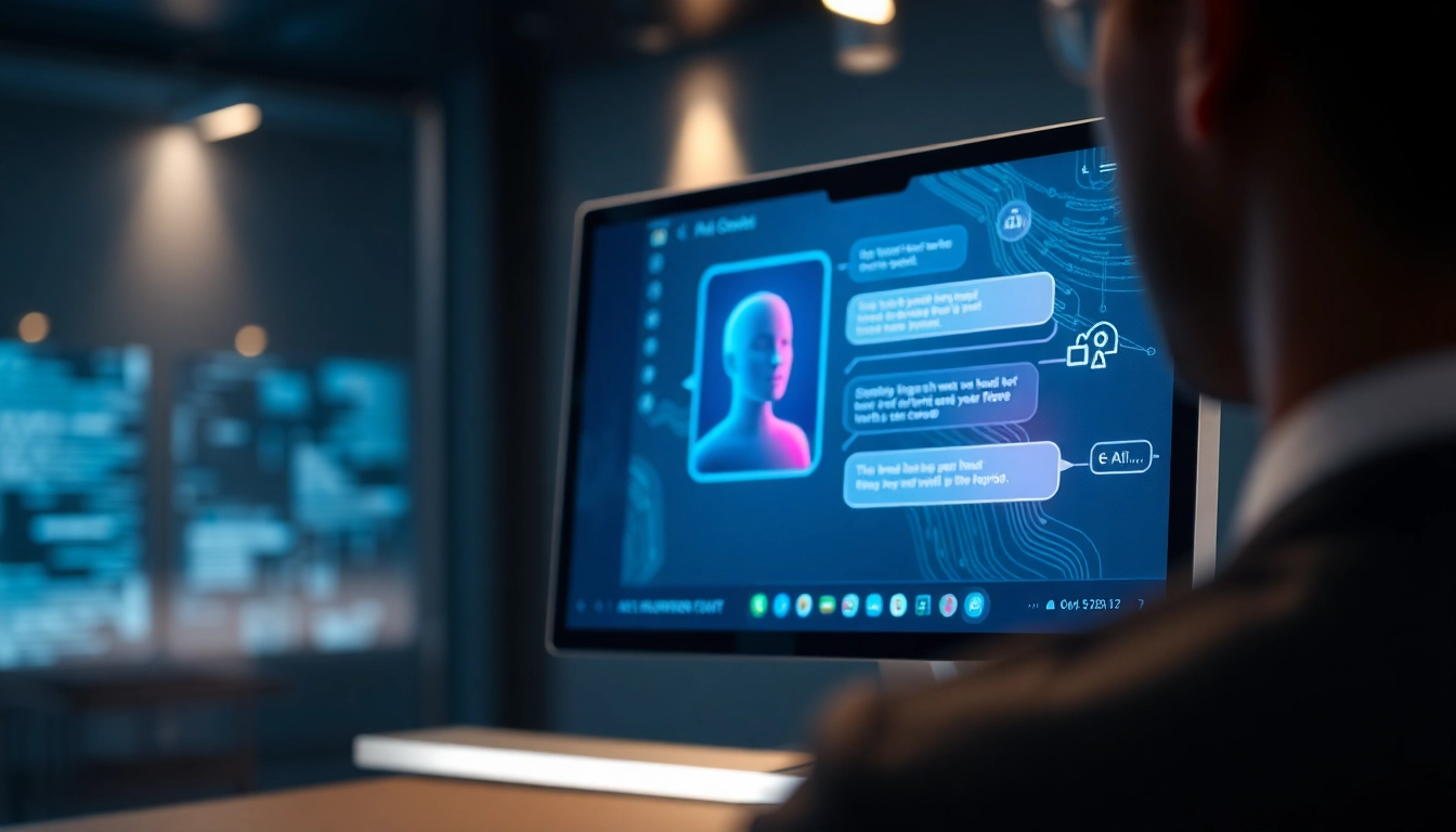 Close-up of a futuristic AI chatbot interface with glowing avatar in a high-tech environment.