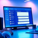 A user interacting with a futuristic AI chatbot interface on a computer screen in a modern, neon-lit workspace.