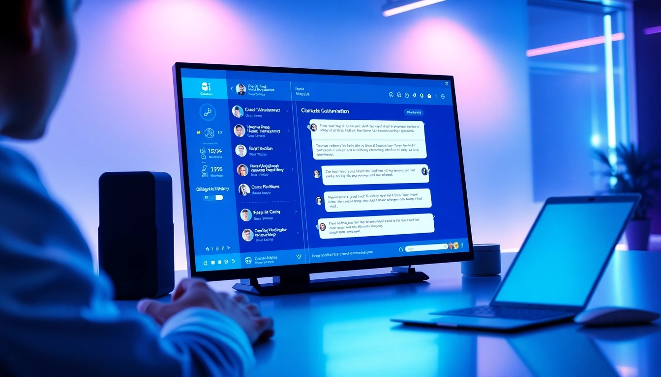 A user interacting with a futuristic AI chatbot interface on a computer screen in a modern, neon-lit workspace.