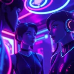 Engaging image illustrating nsfw ai chat with realistic AI avatars in a dark, neon-lit environment, emphasizing privacy and modern tech design.