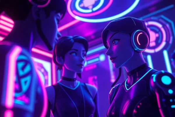 Engaging image illustrating nsfw ai chat with realistic AI avatars in a dark, neon-lit environment, emphasizing privacy and modern tech design.