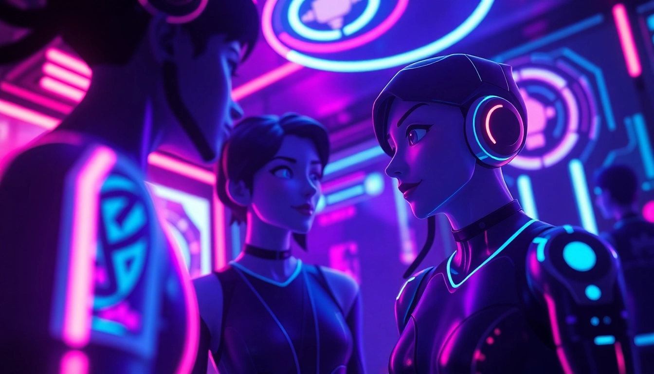Engaging image illustrating nsfw ai chat with realistic AI avatars in a dark, neon-lit environment, emphasizing privacy and modern tech design.