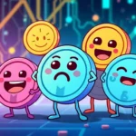 Vivid image featuring popular Crypto Meme Coins engaging in playful battles on a blockchain
