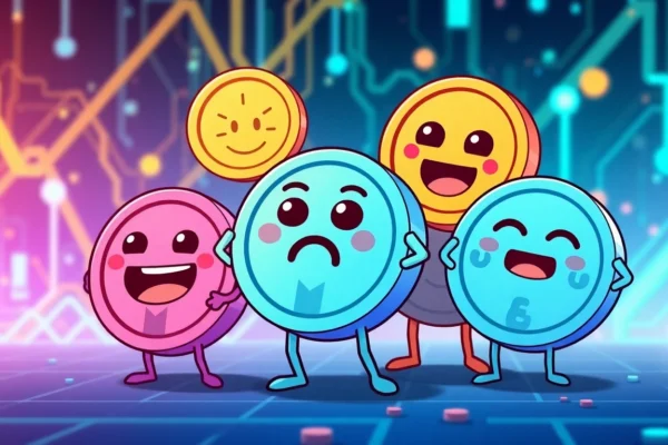 Vivid image featuring popular Crypto Meme Coins engaging in playful battles on a blockchain