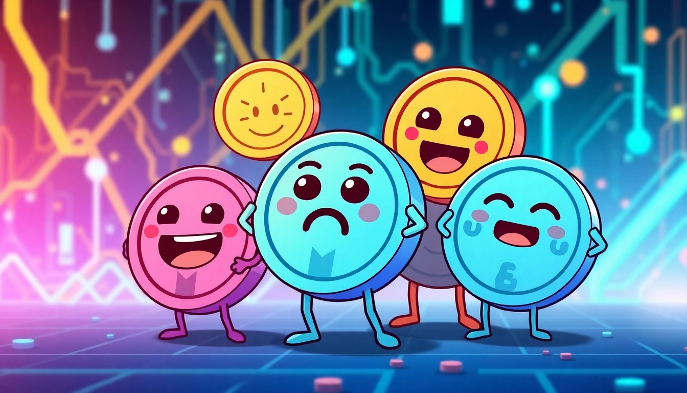 Vivid image featuring popular Crypto Meme Coins engaging in playful battles on a blockchain