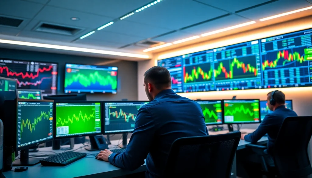 Professional Forex Broker UK trading desk with UK traders analyzing forex charts and market