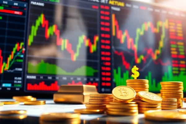 Investment News highlights with a vibrant trading dashboard, gold records, and global