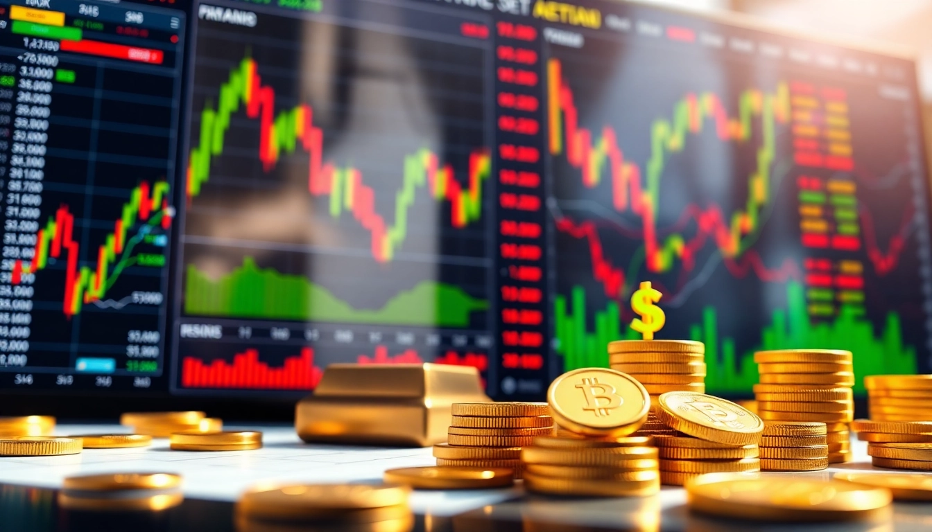 Investment News highlights with a vibrant trading dashboard, gold records, and global