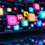 Social Media Industry News updates on digital screens with team analyzing data for social strategy