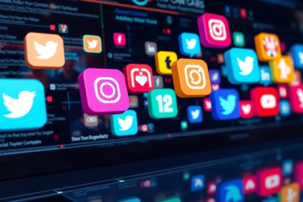 Social Media Industry News updates on digital screens with team analyzing data for social strategy